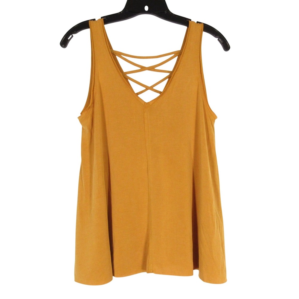 SHE + SKY Mustard Yellow RAW HEM Sleeveless CRISS-CROSS BACK Swing Tank Top Sz M